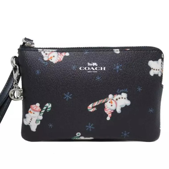 Coach Snowman Print Wristlet Leather Zip Pouch Holiday Set - Picture 6 of 6